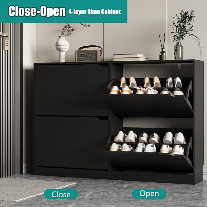 Xixini Shoe Storage Cabinet for Entryway with 4 Flip Drawers, Sturdy Wood Hidden Shoe Storage, Freestanding Narrow Slim Shoe Organizer for Front Door Entrance, Living Room, Hallway, Bedroom, Black