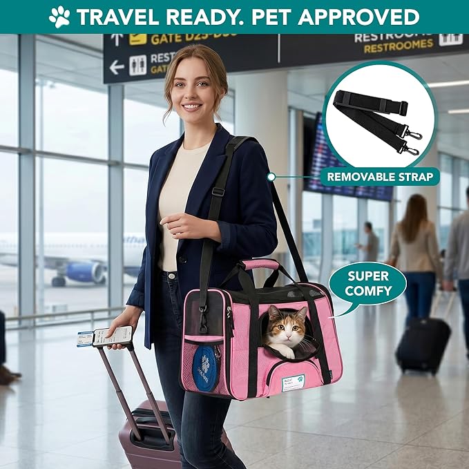PetAmi Airline Approved Pet Carrier for Cats & Small Dogs, Small, Pink | Soft Sided TSA Travel Bag, Sherpa Bed, Breathable Mesh Ventilation, Collapsible Bowl, Fits Under Seat, Up to 18 lbs