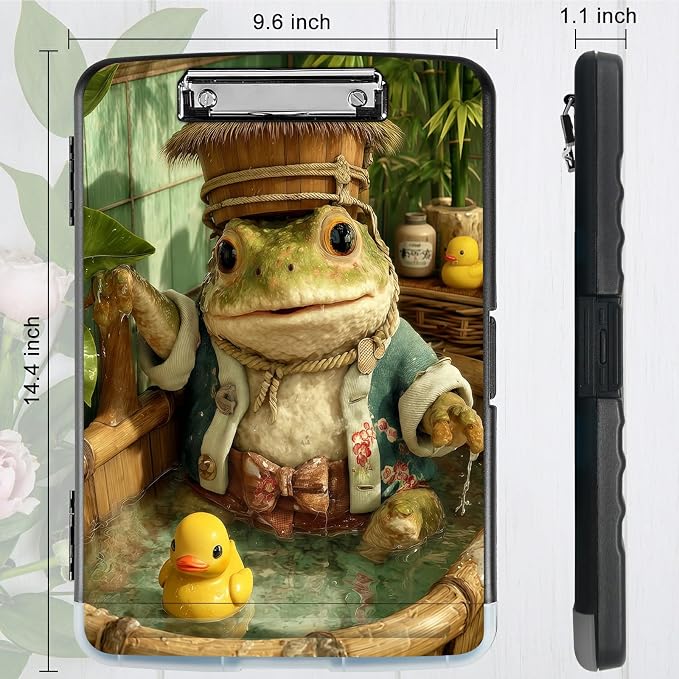 A4 Clipboard with Storage Pen Holder, Clipboards Organizer Nursing Clipboard Foldable File Folder Plastic Clipboard Folio Clip Board for Office Work Classroom Doctor, Bathing Frog