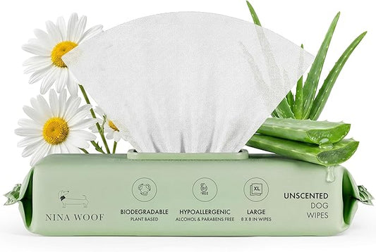 Nina Woof Dog Wipes – Fragrance-Free, Alcohol-Free, Hypoallergenic Pet Grooming Wipes with Aloe Vera, Biodegradable, for Dogs & Cats: Paws, Face, Ears & Butt – (70 Count)