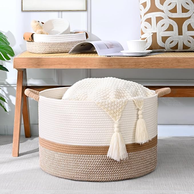 45L Blanket Basket, 17.5"x11.5" Woven Storage Baskets With Handle, Cotton Rope Blanket Basket Living Room, Baby Laundry Basket for Blanket, Nursery, Toy, Pillow (White & Brown)