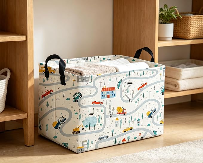 Rectangle Kids Baskets Car Basket Boys Storage Bin Fish Box for Room Decor Gift Basket(Road car)