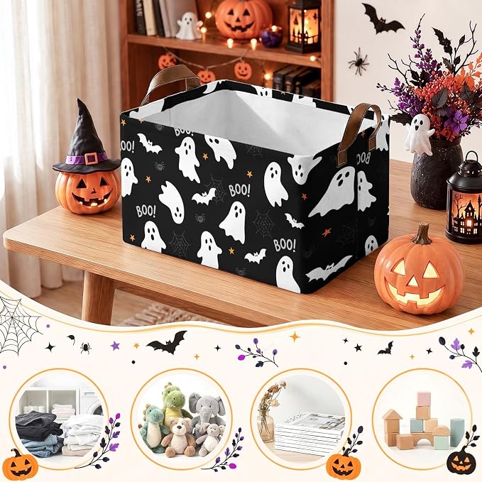 Britimes Halloween Storage Baskets for Gifts, Toy Storage Bins Boxes, 3Pcs | Halloween Ghost Boo Canvas Collapsible Baskets Organizer with Handles Nursery Decor Laundry Basket for Shelves Closet