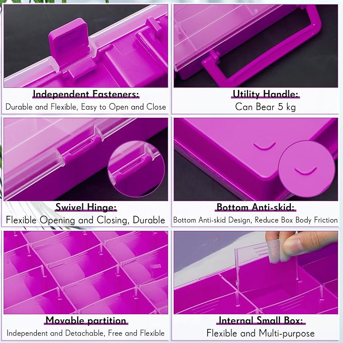 Juexica 2 Pcs 48 Grids Plastic Bead Organizer Box with Divider, Purple