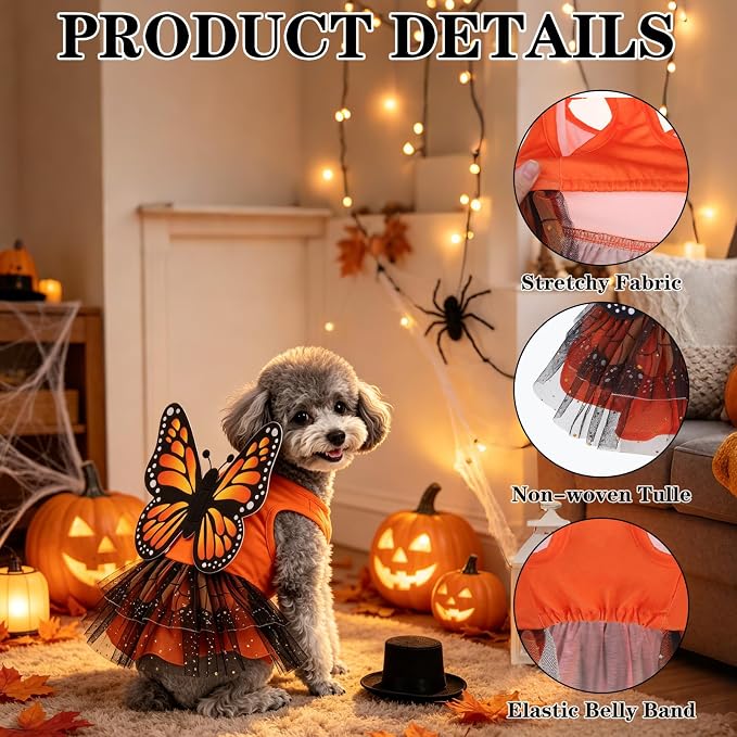 Dog Halloween Dress Costume in Non-Woven Tulle & Butterfly Wings | Puppy Clothes with Detachable Wings - Vest Princess Skirt for Small Medium Dogs Cats, Holiday Birthday Cosplay Pet Apparel XS