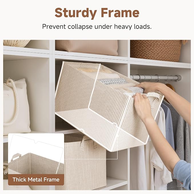 StorageWorks Closet Storage Bins, Khaki and Beige Stripes, 45L, 2-Pack | Extra Large, with Reinforced Handles, Metal Frame, Collapsible, Basket for Shelves, Closet, Holds Clothes, Towels, Blankets