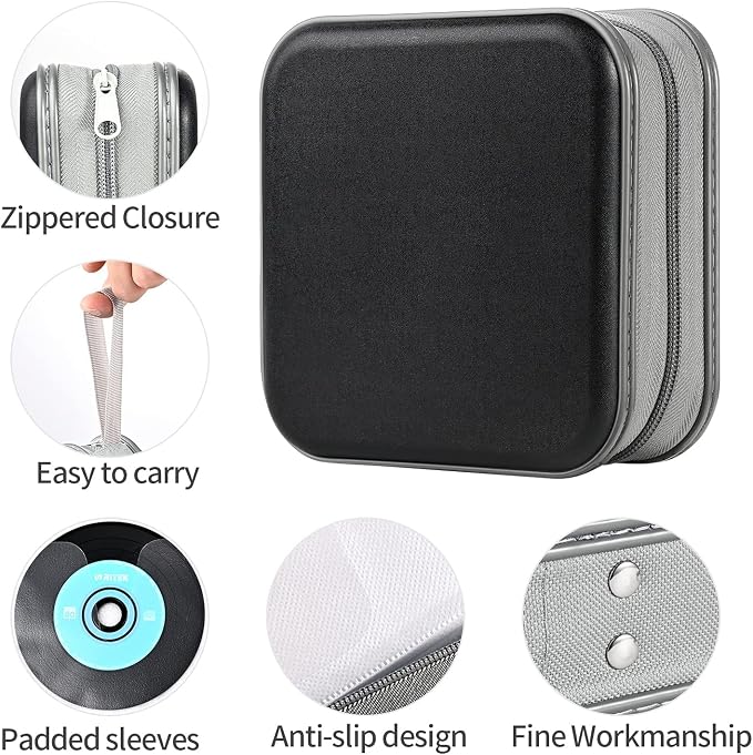 UENTIP 48 Capacity CD Case, Portable DVD Case Holder for Car Home Travel | CD Holder DVD Case, Smooth Double Zipper, Hard Plastic Shell, Scratch-Resistant, Slip-Resistant Tab, Blu-ray/CD/DVD Storage