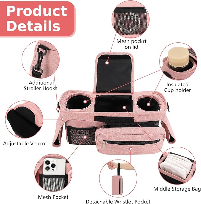 Accmor Universal Stroller Organizer with Insulated Cup Holder Detachable Phone Bag and Shoulder Strap,Stroller Bag Caddy Organizer for Uppababy, Baby Jogger, Britax Strollers