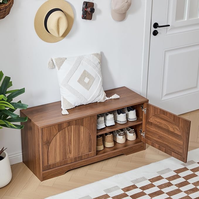 BERRYMERRY 39.4" Fluted Walnut Shoe Storage Bench for Entryway | Arched Door,Entryway,End of Bed,Shoe Cabinet,Adjustable Shelf,Bedroom,Brown,Mid Century Modern