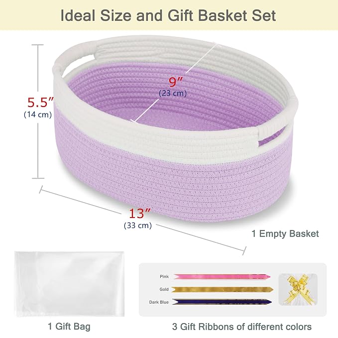 Small Woven Gift Basket with Bag & Ribbons, Purple | Cotton Rope, 13”x 9”x 5.5”, Fits for Kids, Women & Men, Bedroom, Living Room, Nursery & Bathroom Storage, Cat & Dog Toy Boxes