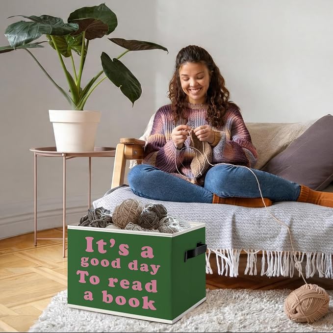 Green Classroom Book Foldable Storage Bins Box with Handles, It's Good Day to Read a Book Decorative Storage Boxes Baskets Toybox Organizer for Library Reading Room Classroom Kids Room