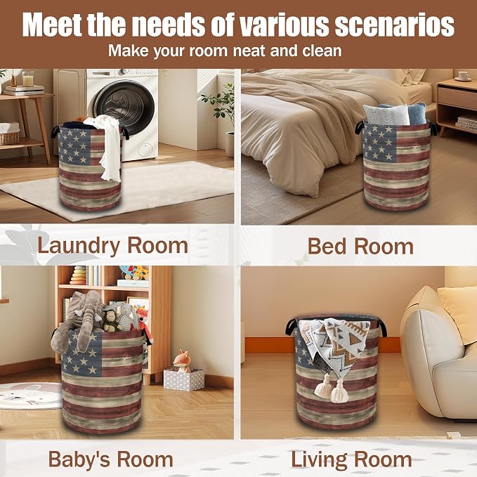 American Flag Grunge Laundry Basket,Waterproof Foldable Laundry Hamper,Dirty Clothes Basket, Linen Bin Storage Organizer Collection 16" x 20.8"