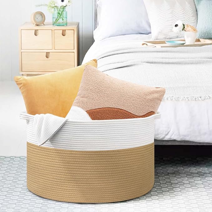 MEGASKET Extra Large Storage Basket, 22” x 22” x 14” Cotton Rope Bins for Storage, Wicker Baby Laundry Basket, Kids, Woven Kids Toy Bin Box, Decorative Baskets for Organizing Clothes, Towels, Blankets