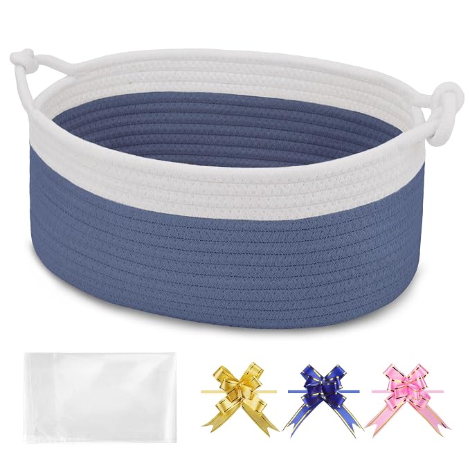 Small Empty Gift Basket with Bag & Ribbons, White & Folkstone Gray | 12“x8”x5”, Cotton Rope Woven Basket for Birthdays, Baby Showers, Mother's Day, Christmas; Stores Small Items, Kids & Pet Toys