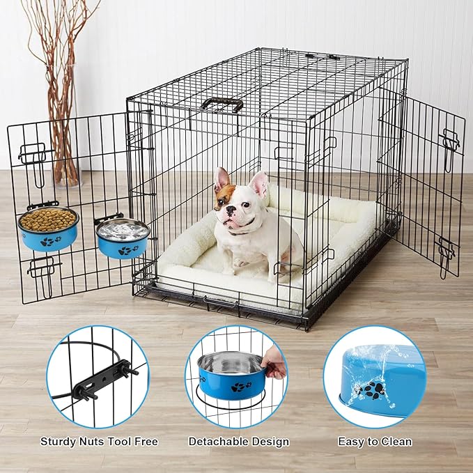 Stainless Steel Dog Crate Bowls Hanging No Spill 2 PCS - Adjustable Mountable Kennel Bowls for Medium/Large Dogs, Anti Spill Water & Food Bowl Set (Blue, M(5.5"+6.3"))