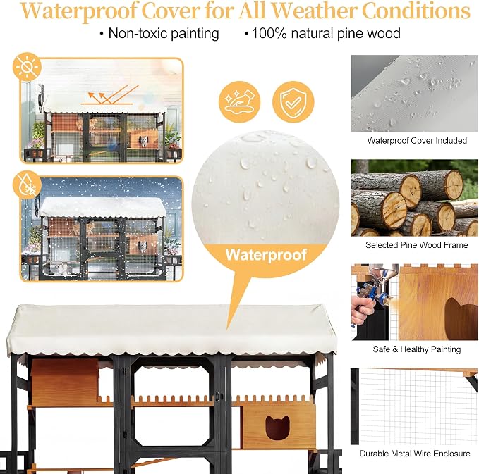 Large Outdoor Cat Enclosure Wooden Catio with Multi-Level Play Platforms, Climbing Ramps, Resting Boxes, Pom-Pom Toys & 2 Plant Stands, Weather-Resistant Roof & Wire Mesh for Backyard Patio, Black