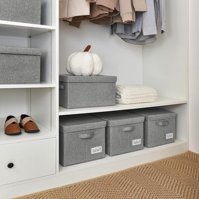 GRANNY SAYS Storage Bins with Lids, Decorative Storage Boxes with Lids | Storage Box with Dust Cover, Handles & Lable, Collapsible, Ideal for Closet Clothes Blanket Toys, Large, Dark Gray, 3-Pack