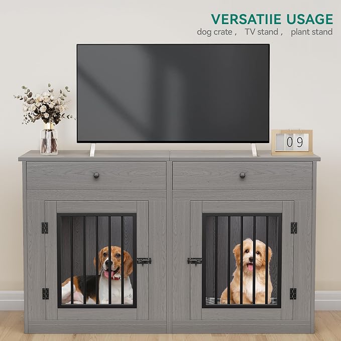 YITAHOME 60" Dog Crate Furniture with Removable Divider & Storage Drawers | Double Door Kennel with Locks for Medium and Large Dogs, Multi-Functional Dog Crate End Table, Grey