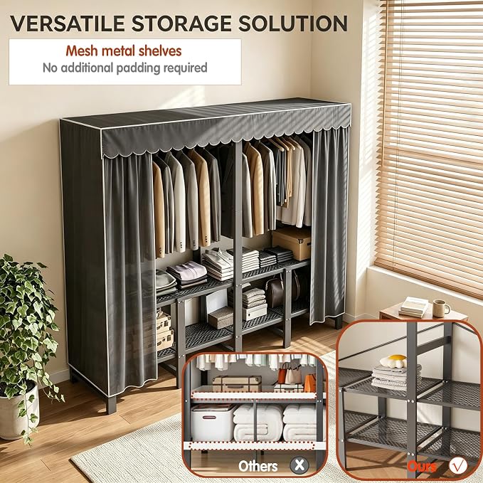 47.2in Heavy Duty Portable Closet with Dark Gray Cover | Foldable Covered Clothes Rack for Hanging Armoire Wardrobe Closet System Freestanding Coat Storage Garment Racks