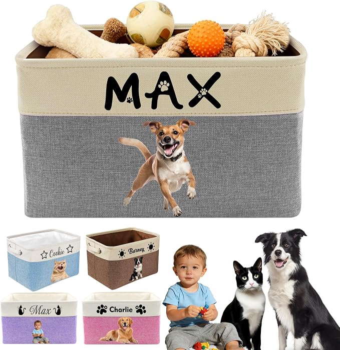 Personalized Dog Toy Storage Basket Custom Pet Storage Bins with Name Photo Collapsible Organizer Box Customized Baby Basket Container for Dolls Toys Coats Clothing Grey