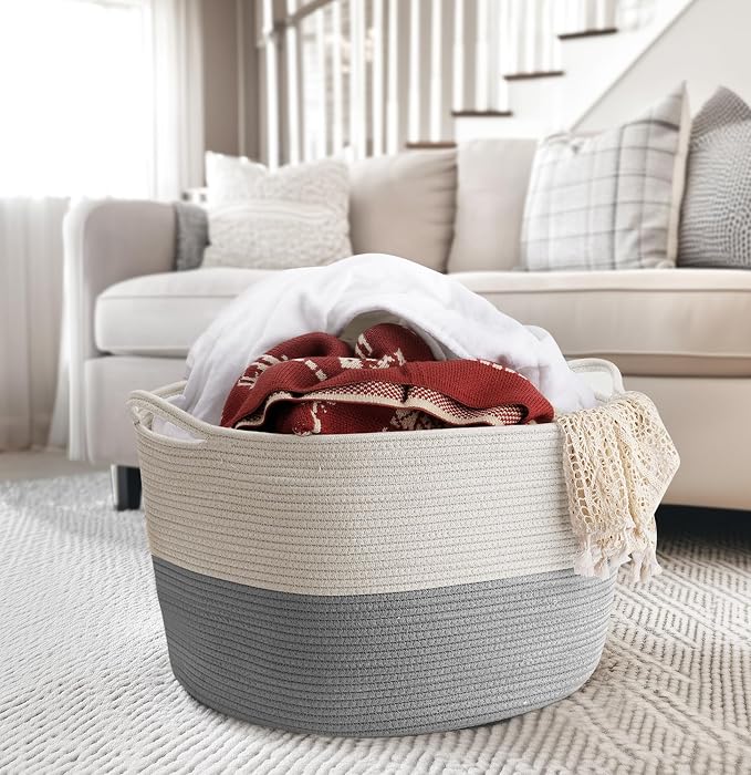 XXXLarge Blanket Basket Living Room - 22" x 22" x 14" Cotton Rope Baskets for Storage - Large Woven Basket for Toys, Towels, Pillows, Clothes- Rope Laundry Basket with Handles - Nursery Hamper Bin