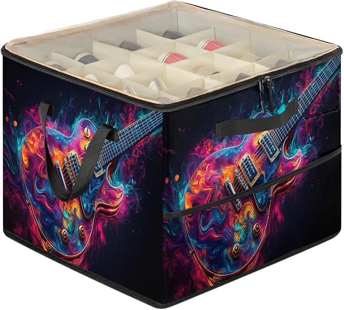 TropicalLife Colorful Swirls Guitar Shoe Organizer for Closet | Foldable Shoe Storage Organizer Box Bin with Adjustable Dividers and Clear Cover, Fits up to 16-32 Pairs