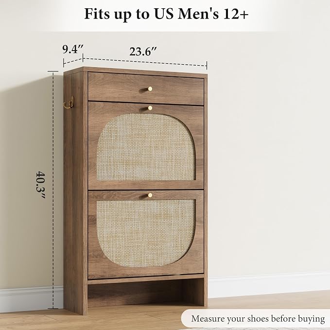 Shoe Cabinet for Entryway, Slim Shoe Rack with 2 Flip Drawers and Top Storage Drawer, Narrow Shoe Organizer with Printed Rattan-Look Design, Entryway Shoe Storage for Size 12+ Shoes, Caramel