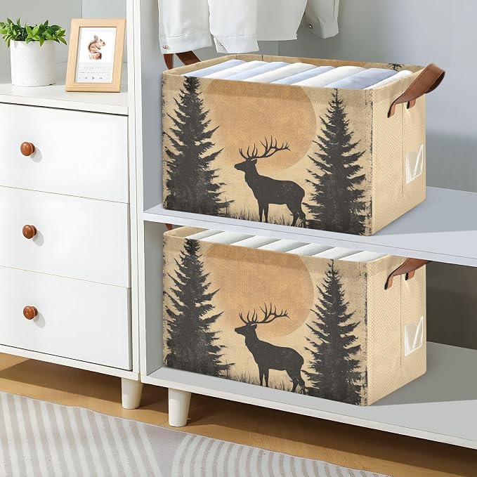 Rustic Sunset Forest Deer Vintage Storage Basket Foldable Cube Storage Bins with Handles&Label Collapsible Organizer Box Bin Large Rectangle Decorative Baskets for Shelves Home Living Room Closet