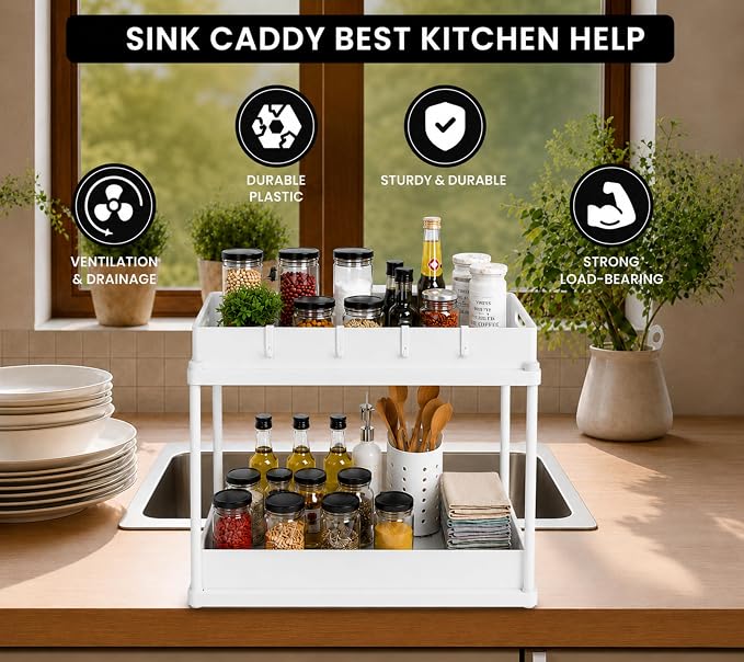 Expandable Under Sink Organizer_2 Tier Under Cabinet Organizer - Double Pull Out Shelf Under Sink Storage for Kitchen, Bathroom and Laundry Room - Multipurpose Space Saving Organizer (White)