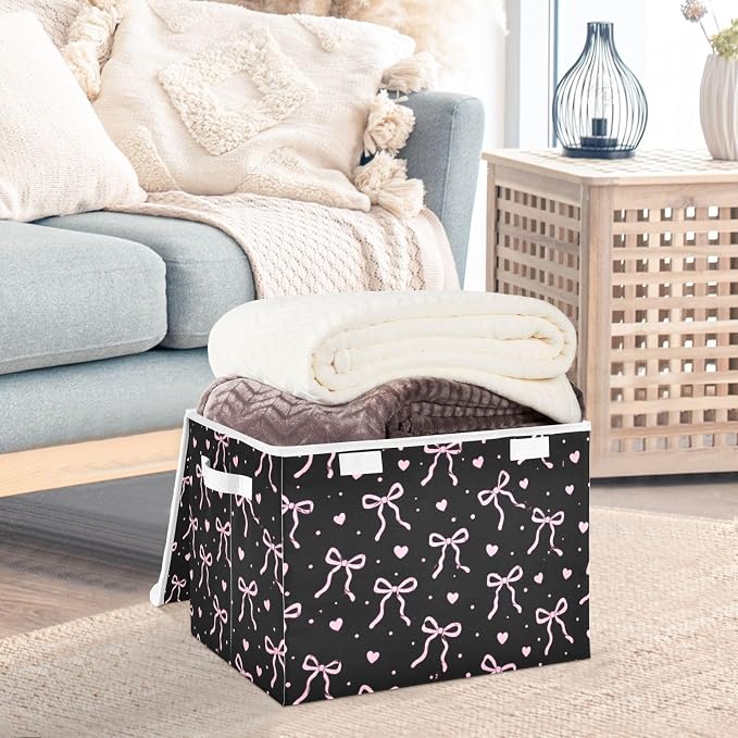 Bow Heart Storage Bins with Lids Closet Bedroom 40L Fabric Bin | Decorative Storage Boxes, Foldable & Stackable, Dust-Proof Flip Top, Reinforced Handles, For Home & Dorm, Clothes & Toy Box