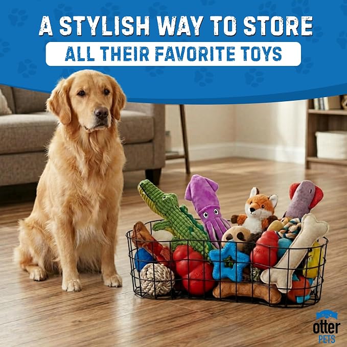 OtterPets Metal Dog Toy Basket, Bone Shaped Chew Proof Dog Toy Bin 23"x15" | 23" long, 15" wide, 8" tall, metal wire dog storage organizer, dog toy bin, dog toy box, pet toy basket,, dog toy storage