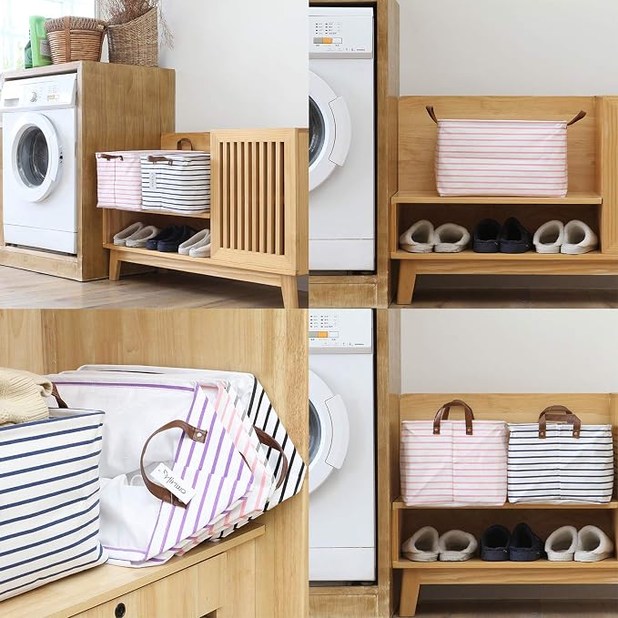 Hinwo 31L Large Canvas Storage Bin with Lid and Handles, 2-Pack | Collapsible Fabric Baskets, Closet Shelf Organizers, Containers for Clothing, Blankets, Toys, Bedding (Pink Stripe)