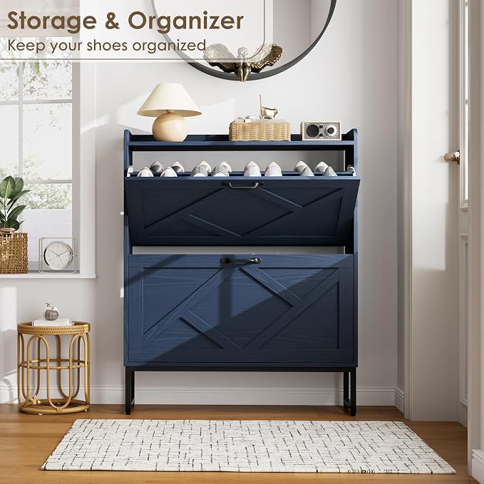 Shoe Storage Cabinet, Shoe Cabinet with 2 Flip Drawers, Narrow Shoe Rack Cabinet, Farmhouse Slim Shoe Cabinet Storage for Entryway,Blue