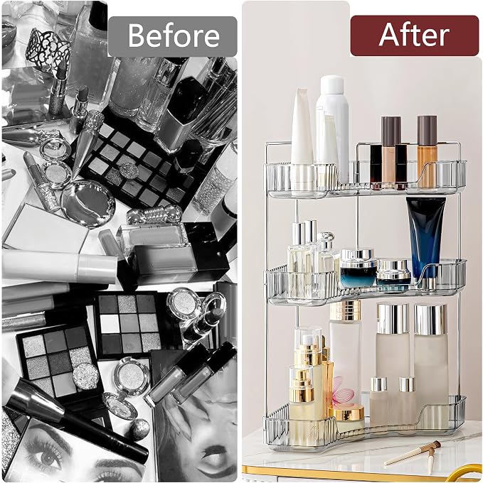 3 Tier Corner Bathroom Counter Organizer Countertop Shelf Makeup Organizer for Vanity Perfume Tray for Corner Storage (Grey)
