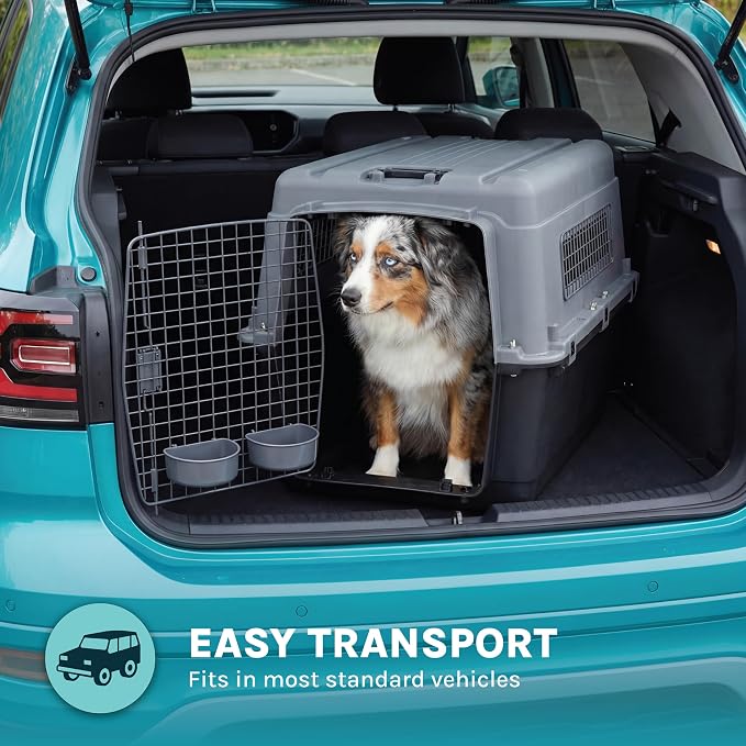 SportPet Airline Compliant LARGE 31.5" Travel Dog Kennel- Durable Plastic Airline Pet Carrier w/ Removable Wheels & Food Bowls, Collapsible Indoor/Outdoor Dog Kennel, Dogs up to 28"L & 20"H-Dark Gray
