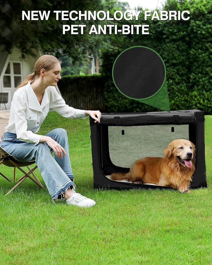 30 x 21 x 21 Inch Collapsible Soft Dog Crate for Dogs Up to 50 lbs, Portable Travel Pet Kennel with 4 Zip Doors, Foldable Indoor Outdoor Crate with Mat, Carry Bag, Black