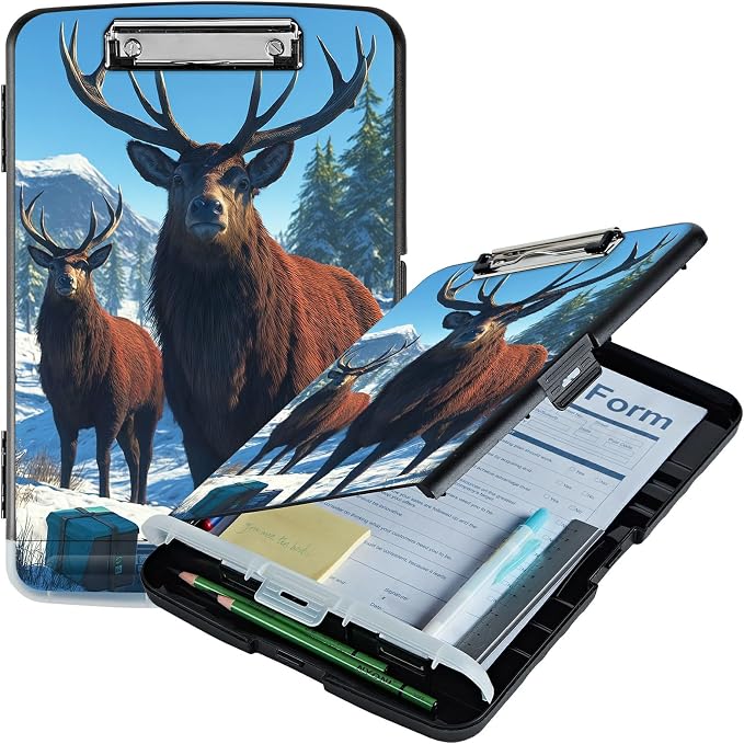 A4 Clipboard with Storage Pen Holder, Clipboards Organizer Nursing Clipboard Foldable File Folder Plastic Clipboard Folio Clip Board for Office Work Classroom Doctor, Snow Mountain Deer