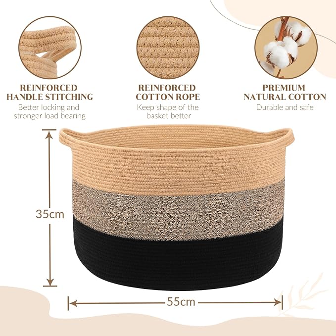 Maliton Woven Rope Blanket Basket Living Room, Storage Basket for Toy, 90L | 22"x14" Cotton Rope Basket. Holds Blankets, Toys & Towels & Laundry. For Bedroom, Nursery, Bath & Playroom. Soft & Durable