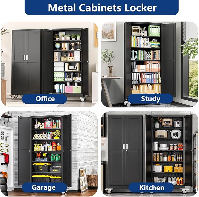 Ckzbx Metal Garage Storage Cabinet with Locking Doors and Adjustable Shelves,75" H Rolling Tool Storage with Wheels for Garage,Office (Black)