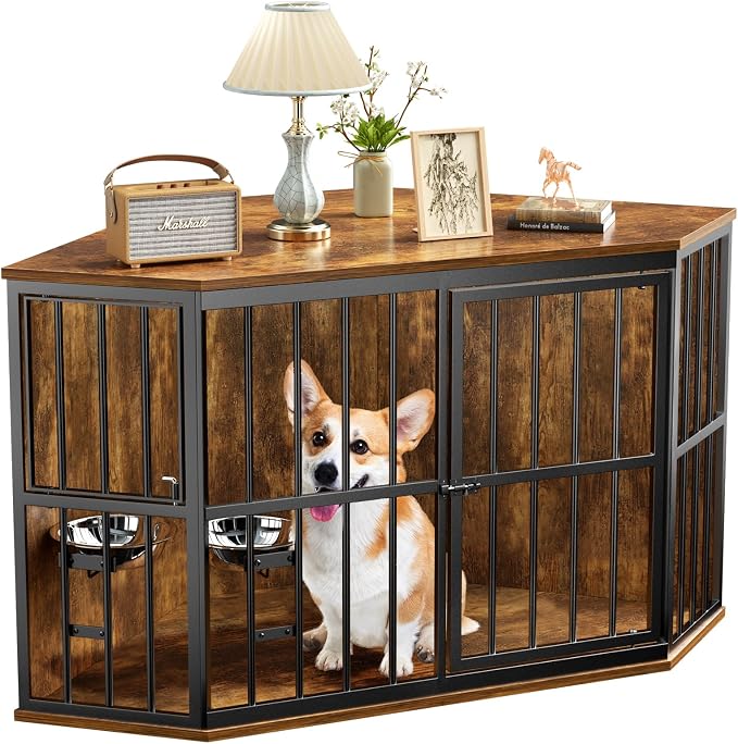 APRILSOUL 42 inch Furniture Dog Crate Corner, Wooden End Table with Bowl, Indoor Pet Crate Side Table for Dogs, Wide Top Perfect for Limited Room