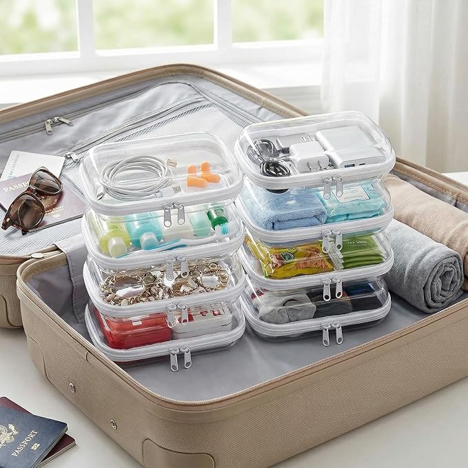 4 Pack Clear Hard Shell Zipper Case, Hard Plastic Zipper Pouches for Travel Toiletries, Makeup, Tech Gadgets & Pencils, Transparent Crush-Resistant Organizer Case (4S)