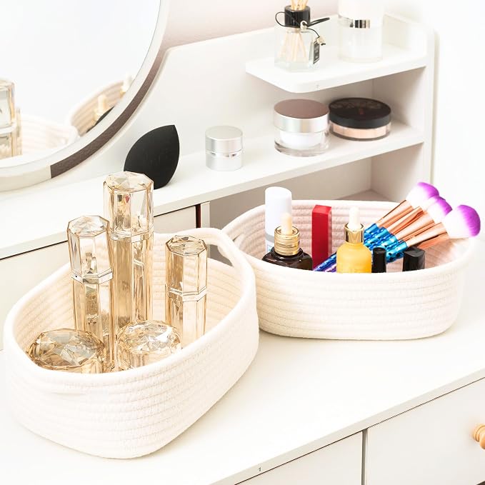5-Piece Small Decorative Woven Storage Baskets Set for Shelves, Bathroom, Pantry and Nightstand Organizer, Catch All Tray for Organizing Gifts, Dog and Cat Toys, Creamy White