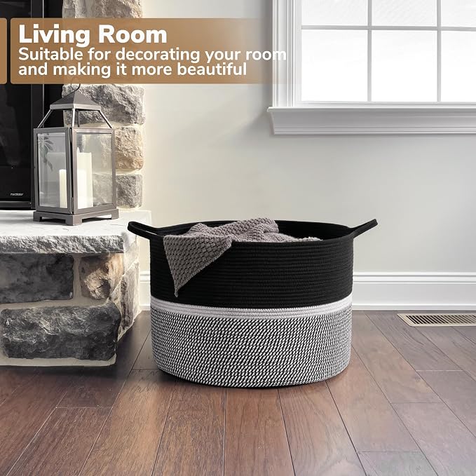 CHICVITA Extra Large Woven Rope Blanket Basket with Handles, Black | Laundry basket for towels, clothes, toys, pillows. For living room, family room, 22x22x14 inches