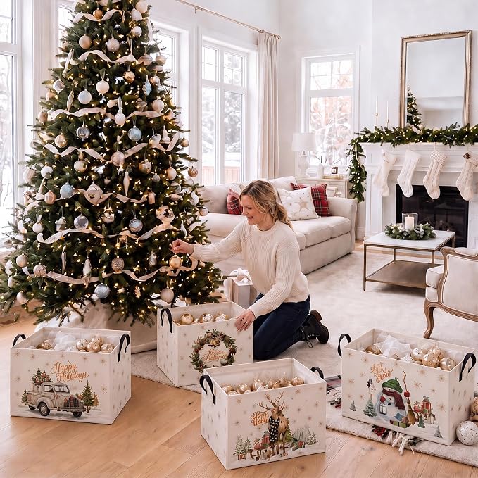 4 Pcs Christmas Storage Basket for Gifts Empty Large Christmas Storage Bins 15 x 10 x 8 Fabric Laundry Baskets with Handle Xmas Collapsible Organizer Boxes for Home Office Gifts Toys Books