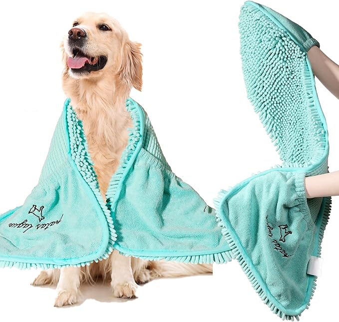 Patas Lague Absorbent Dog Towel for Drying Dogs Large, 35''x15'' Extra Large Microfiber Quick Drying Pet Bath Towel with Hand Pockets, Machine Washable Pet Shammy Aqua