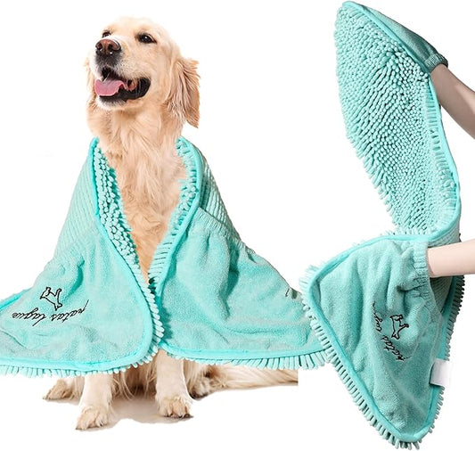 Patas Lague Absorbent Dog Towel for Drying Dogs Large, 35''x15'' Extra Large Microfiber Quick Drying Pet Bath Towel with Hand Pockets, Machine Washable Pet Shammy Aqua