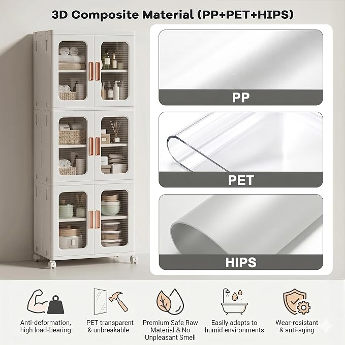 3-Tier Tall Narrow Plastic Storage Cabinet, Foldable | Rolling Organizer with Lid,Doors,Stackable, Adjustable Shelves, Durable PP,Freestanding Bathroom Cabinet for Small Slim Space