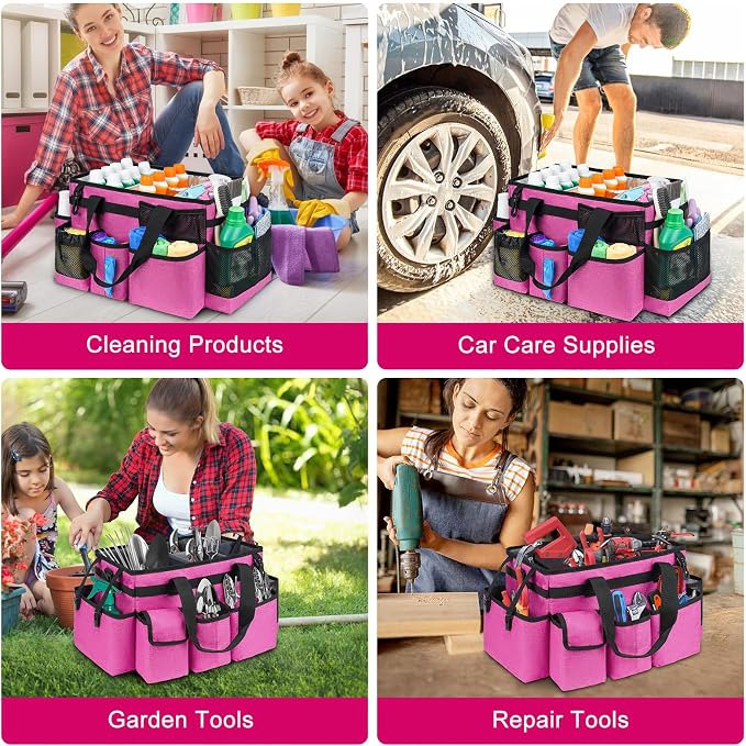 Cleaning Caddy Bag,Large Cleaning Supplies Organizer with Handle for Housekeepers,Rose Red