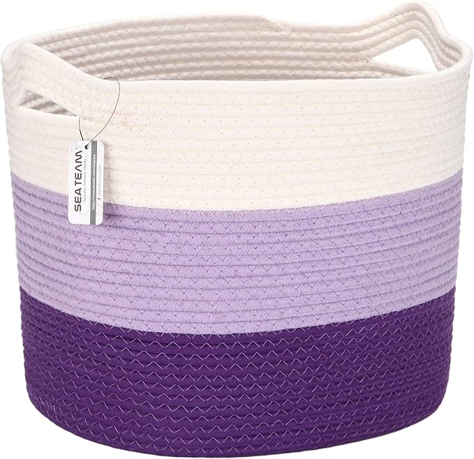 Sea Team Large Woven Cotton Rope Laundry Basket with Handles, 16 x 13 in | Collapsible Knitted Hamper, Closet Shelf Organizers, Containers for Clothing, Blankets, Toys, Bedding, Lavender