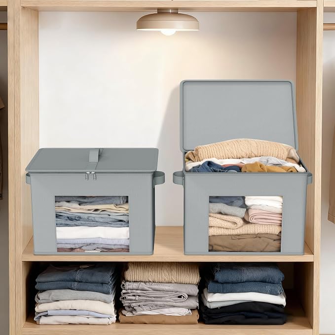 Zilink Fabric Storage Bins with Lid Closet Storage Bins, Light Grey, 4Pack | Stackable, Smooth Zipper, Clear Window, Sweater Organizer, Closet Organizers and Storage Box for Home, Bedroom